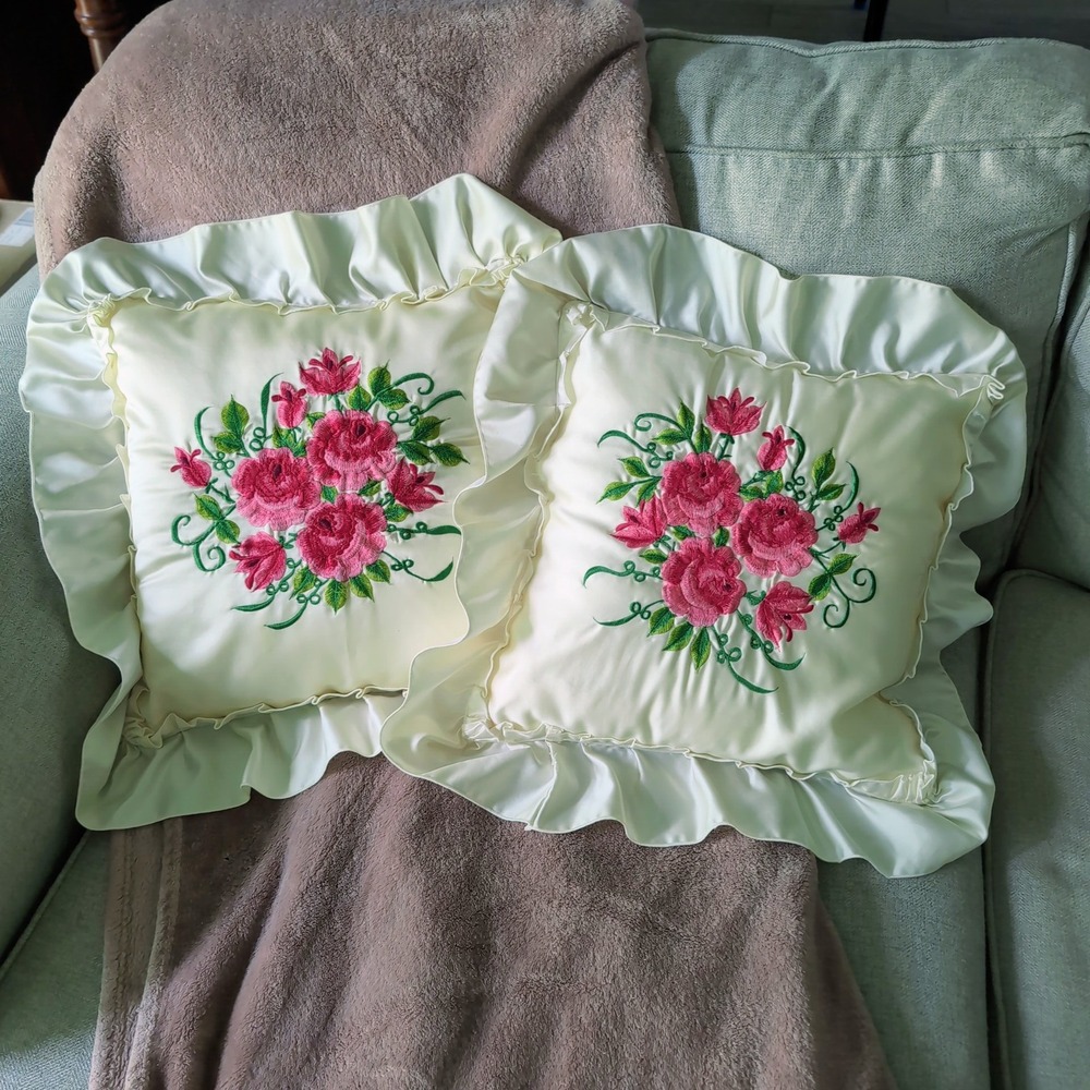 Vintage Satin Ruffle Embroidered Pillows Set of 2 Pink Floral Cottagecore Frilly